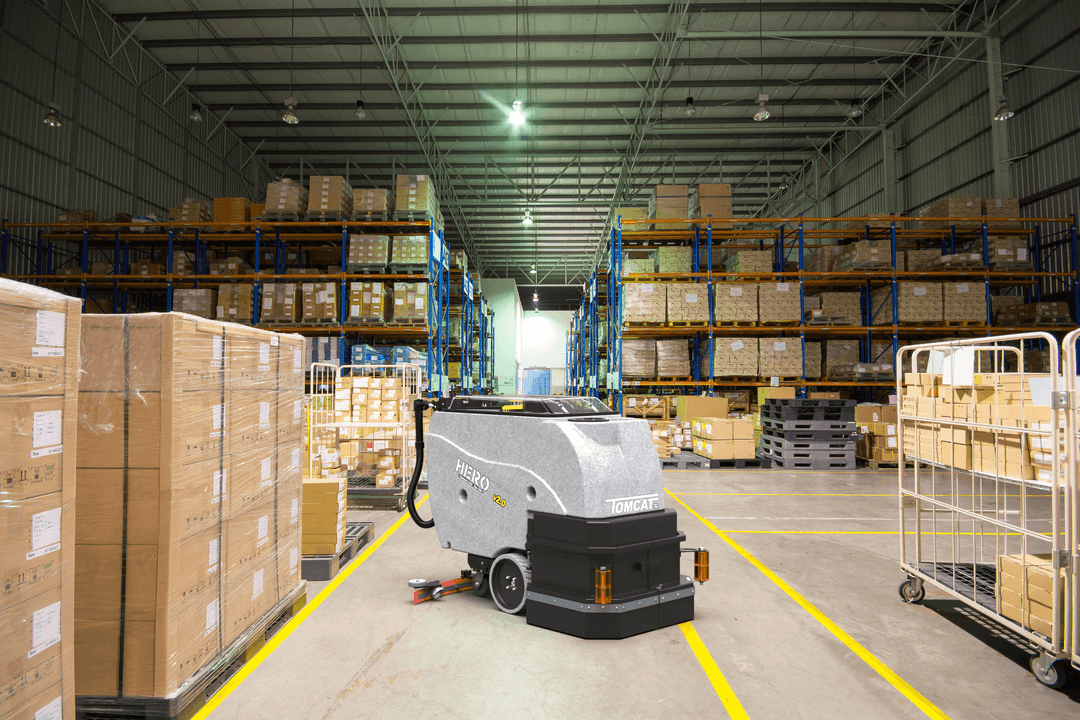 Tomcat showcasing the various applications of their floor scrubbers, in this case, in Distribution - Warehouse