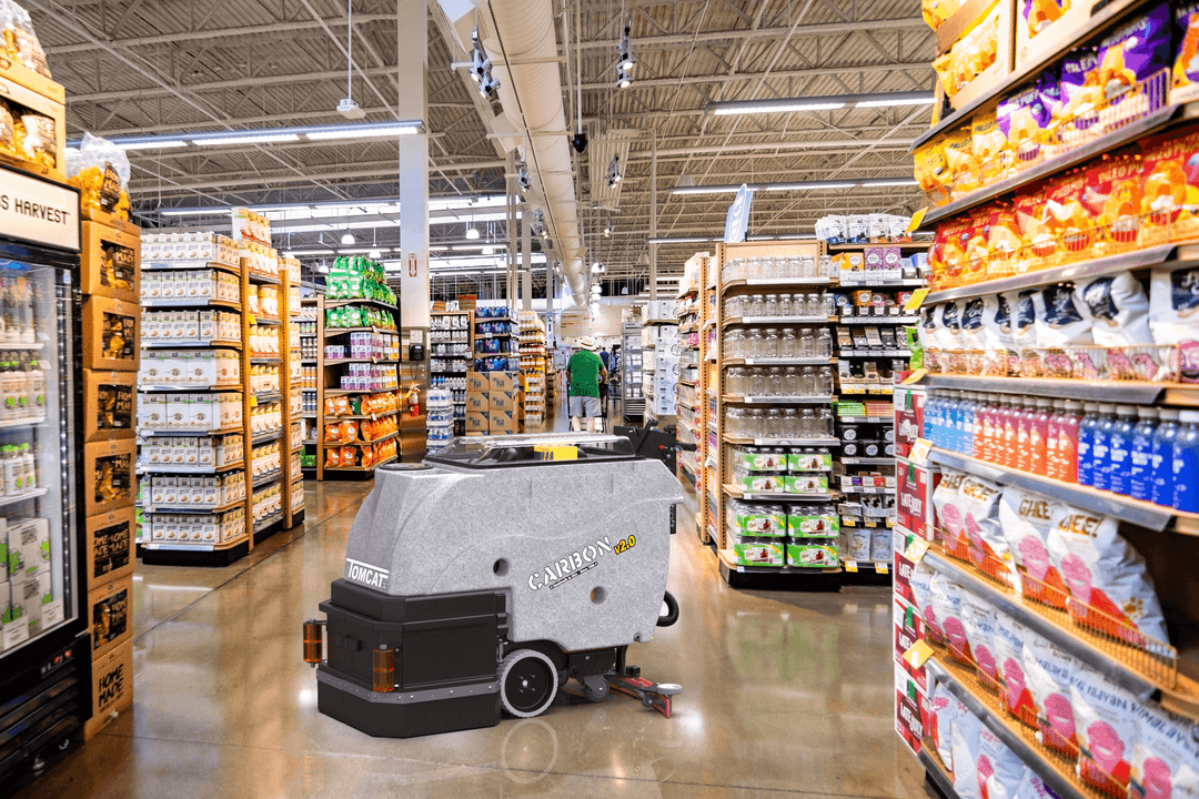 Tomcat showcasing the various applications of their floor scrubbers, in this case, in Retail - Grocery