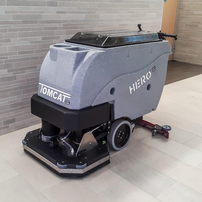 Tomcat Walk Behind Floor Scrubbers Hero reception areas porcelain tile HERO Walk Behind Floor Scrubber cleaning the porcelain tile floor of the reception area in a n Aurora, Illinois church