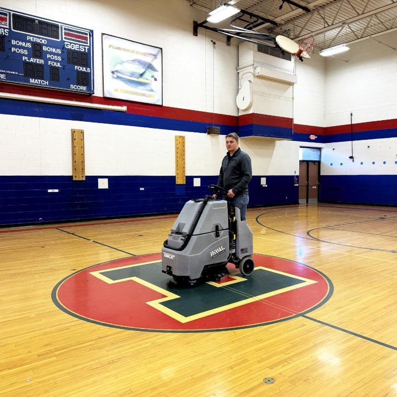 Tomcat Stand On Floor Scrubbers Rival gymnasium wood gym floor A Tomcat Rival stand on battery floor scrubber cleaning an intermediate school, gymnasium, wood floor in South Bend, IN