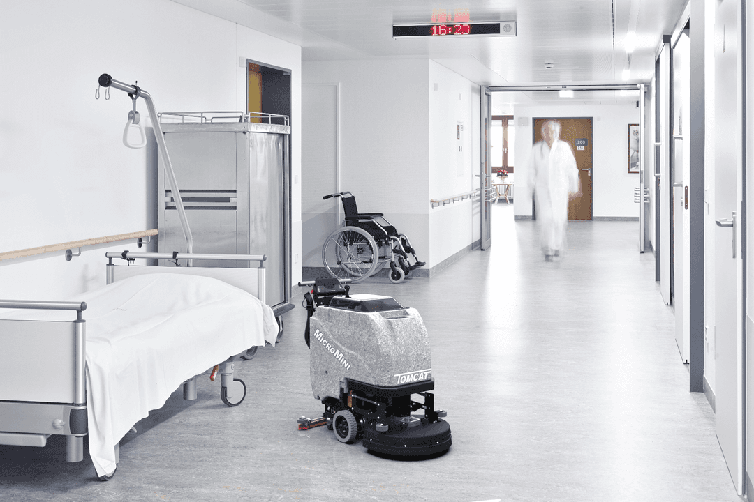 Tomcat showcasing the various applications of their floor scrubbers, in this case, in Healthcare