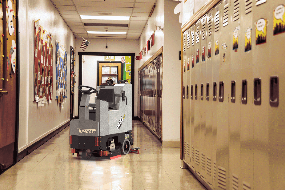 Tomcat showcasing the various applications of their floor scrubbers, in this case, in Education